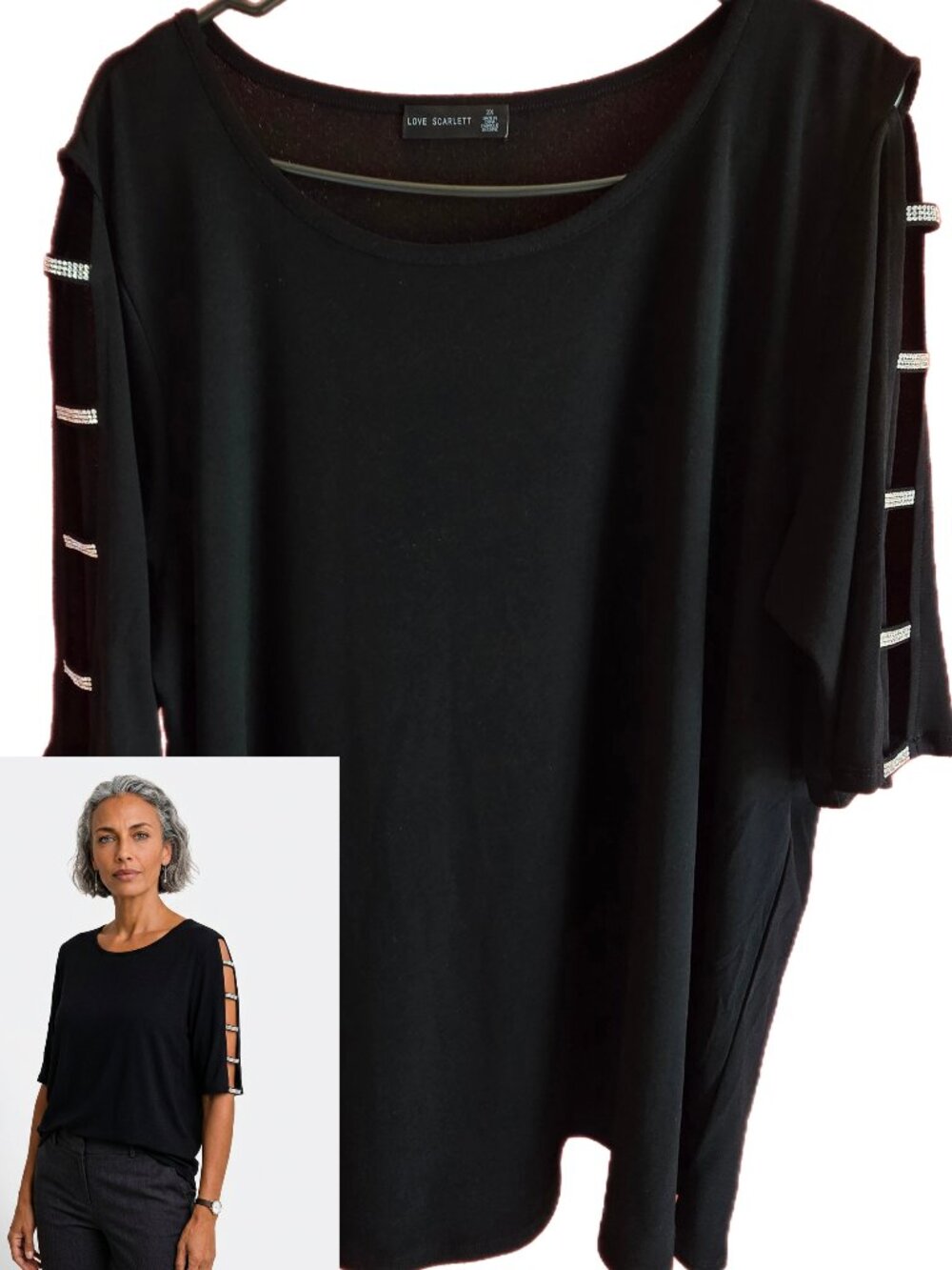 Love Scarlett Women's 2X Black Rhinestone Accented Short Sleeved Top